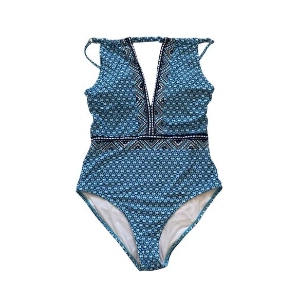 NWT Cupshe Turquoise Blue Boho Geometric Print Halter One-Piece Swimsuit, M - Picture 1 of 10